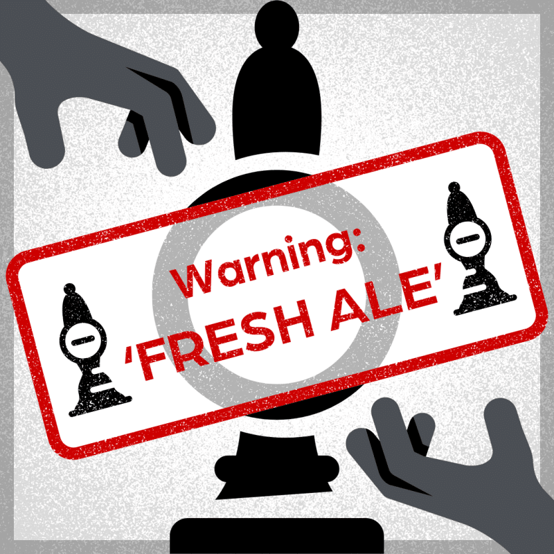 CAMRA Handpump Hijack campaign: a Warning Fresh Ale stamp over a cask handpump
