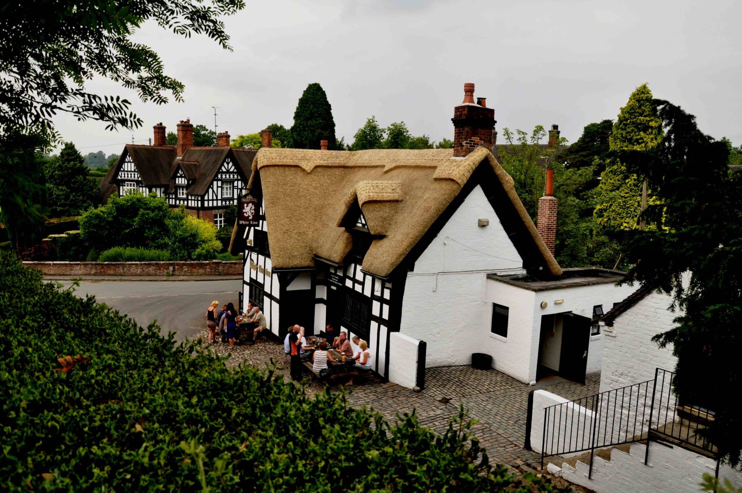 The White Lion, Barthomley: exterior of the timber-framed inn after fire repairs in 2012